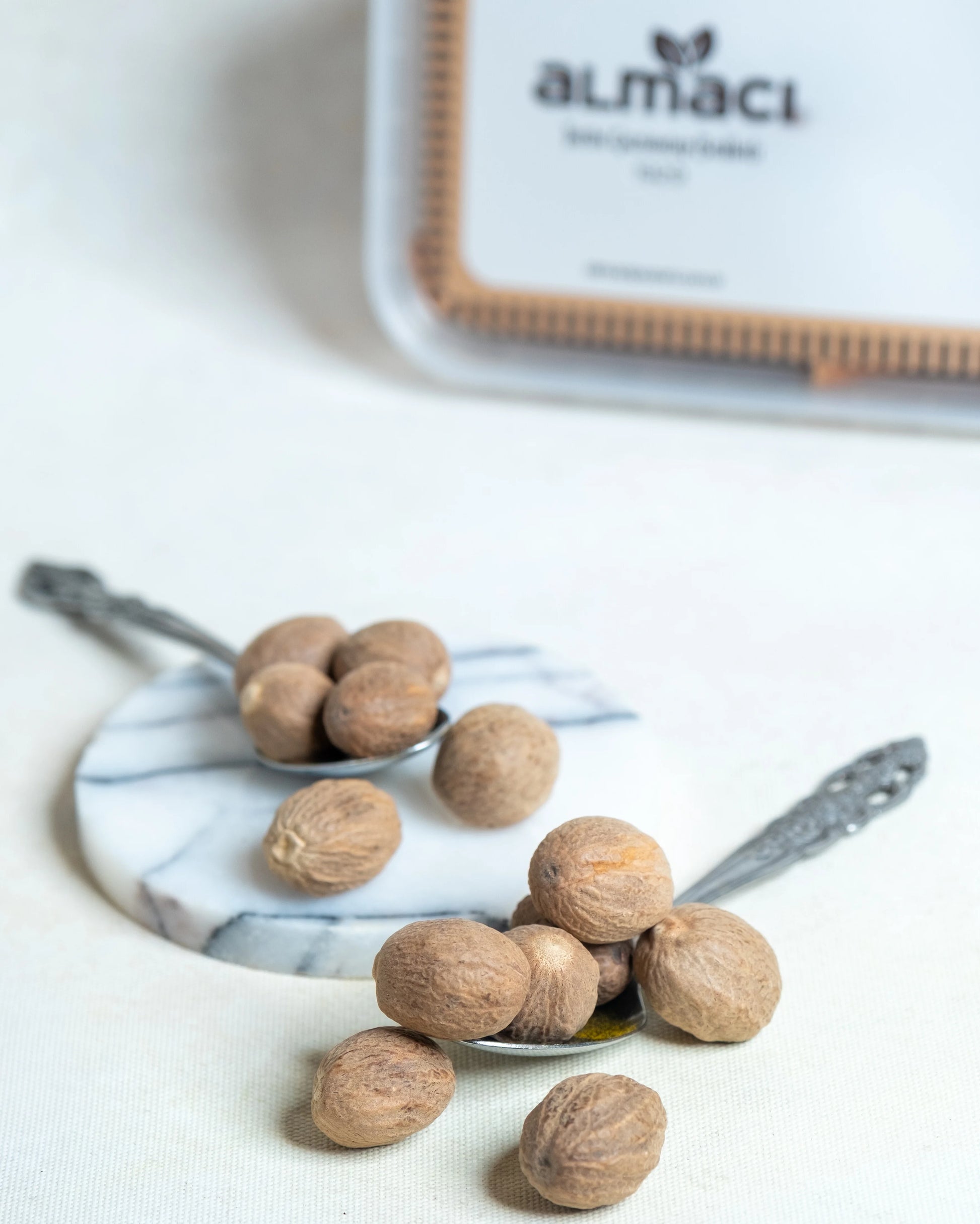 Tane muskat yakından görünüm, sert dokusu ve yoğun aromasıyla beşamel soslar için ideal taze muskat cevizi detayı.