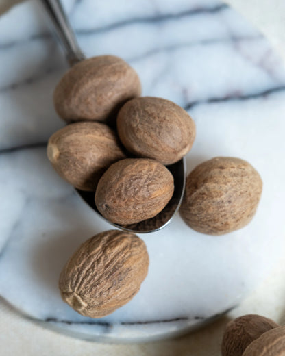 Tane muskat yakından görünüm, sert dokusu ve yoğun aromasıyla beşamel soslar için ideal taze muskat cevizi detayı.