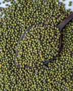 Yakından görünüm tahta kaşıkta maş fasulyesi, canlı yeşil renkli ve oval taneli, haşlanarak salata ve piyaz yapılan yüksek proteinli doğal bakliyat.